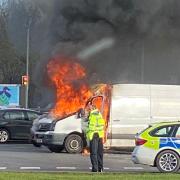 A van went up in flames in a McDonalds car park on Tuesday (February 13) morning.