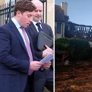 Charles Birkett (left) reading statement and the Star Inn Harome after the fire