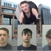 From bottom, left, Liam Thompson, Jack Hardy and Raymond Matthew, all convicted for affray arising from the violence which led to the death of their friend, Gordon Gault, top