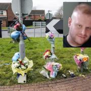 Floral tributes to Lee Stevenson at the scene of the fatal motorcycle collision in which he died, on a roundabout on Passfield Way, Peterlee, where he was pronounced dead in March, last year