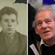 John Hipkin, aged 14, when he signed up for the Merchant Navy, left, and in later years when leading the Shot At Dawn campaign, right