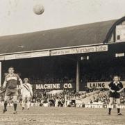 Tony McAndrew heads his second goal against Sheffield in April 1976