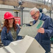 Paul Shepherd, chair of The Worshipful Company of Constructors on a recent visit to the stoneyard with current apprentice stonemason Freya de Lisle.