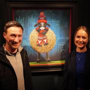 York City FC manager Stuart Maynard with artist Lucy Pittaway