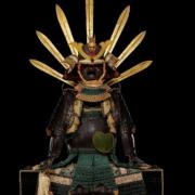 Suit of armour and helmet in iron, silk, wool, leather, gold and lacquer.