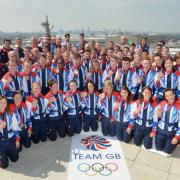 Great Britain: The Team GB Olympic medal winners - yesterday afternoon's two aside-line up for a commemorative photo at Team GB house ahead of the closing ceremony