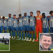 Silence fell across Victoria Park before Hartlepool's game against Eastleigh in memory of PCs Tom Clough and Matthew Blades (inset, L-R).