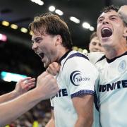 Aidan Morris celebrates with Middlesbrough team-mate Sebastian Berhalter after scoring at Burnley