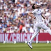 Mark Wood celebrates after taking a wicket with England