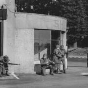 ACTION STATIONS: The Darlington  Home Guard practising in 1940 outside Bland's Garage in Blackwell