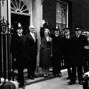 IN THE BEGINNING: Margaret Thatcher waves from the doorstep of 10 Downing Street after she was swept to power in May 1979