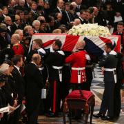 The coffin bearing the body of Baroness Thatcher leaves St Paul's Cathedral, central London after her funeral service