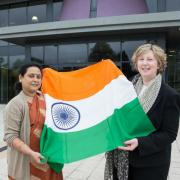 Swrma Mishra, principal of Dayanard Public School, and Catherine McCoy, principal of St Aidan's, with the Indian flag.