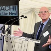 ON TRACK: Keith Jordan, managing director of Hitachi Rail Europe, talks at event at the Hitachi Rail factory in Newton Aycliffe to mark the erection of the steel frame of the building. Picture: TOM BANKS. (6660266)