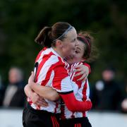 Sunderland Ladies Abbey Joice goal celebration with team mate Bethany Mead against Durham Wildcats at New Ferens Park in Durham....