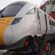 The first Hitachi IEP train being unloaded at Southampton.