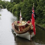 The Royal Barge Gloriana on the River Thames passes through Old Windsor Lock to mark the 800th anniversary of the sealing of the Magna Carta. Picture: PRESS ASSOCIATION