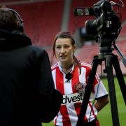 Sunderland AFC Ladies captain Stephanie Bannon talks to members of the media ahead of the squad photocall at the Stadium of Light in Sunderland....