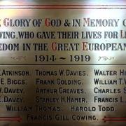 A plaque, once screwed onto a wall at Eastbourne Methodist Church and now rededicated at St Herbert’s Anglican Church, containing the names of 15 men from east Darlington who died in the First World War. Picture: CHRIS BOOTH
