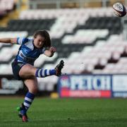 Hannah Morton converts a penalty for Darlington Mowden Park during the Tyrell's Premier 15s between Darlington Mowden Park Sharks and Gloucester and Hartpury at The Northern Echo Arena, in September 2017. Picture: MARK FLETCHER/SHUTTER PRESS