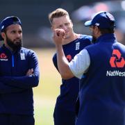 England's Adil Rashid (left) and Jos Buttler speak with spin bowling consultant Saqlain Mushtaq during a nets session at Edgbaston, Birmingham. Picture: PA