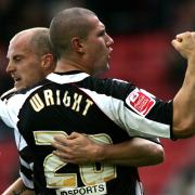 Tommy Wright with Alan White celebrating scoring for Darlington against Peterborough in 2007