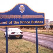 TAPED UP: Sign for County Durham Land of the Prince Bishops with brown parcel tape obscuring County Durham