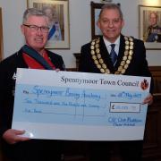 Mayor of Spennymoor Coun Clive Maddison presents his charity cheque to Robert Ellis of Spennymoor boxing club. Picture: KEITH TAYLOR