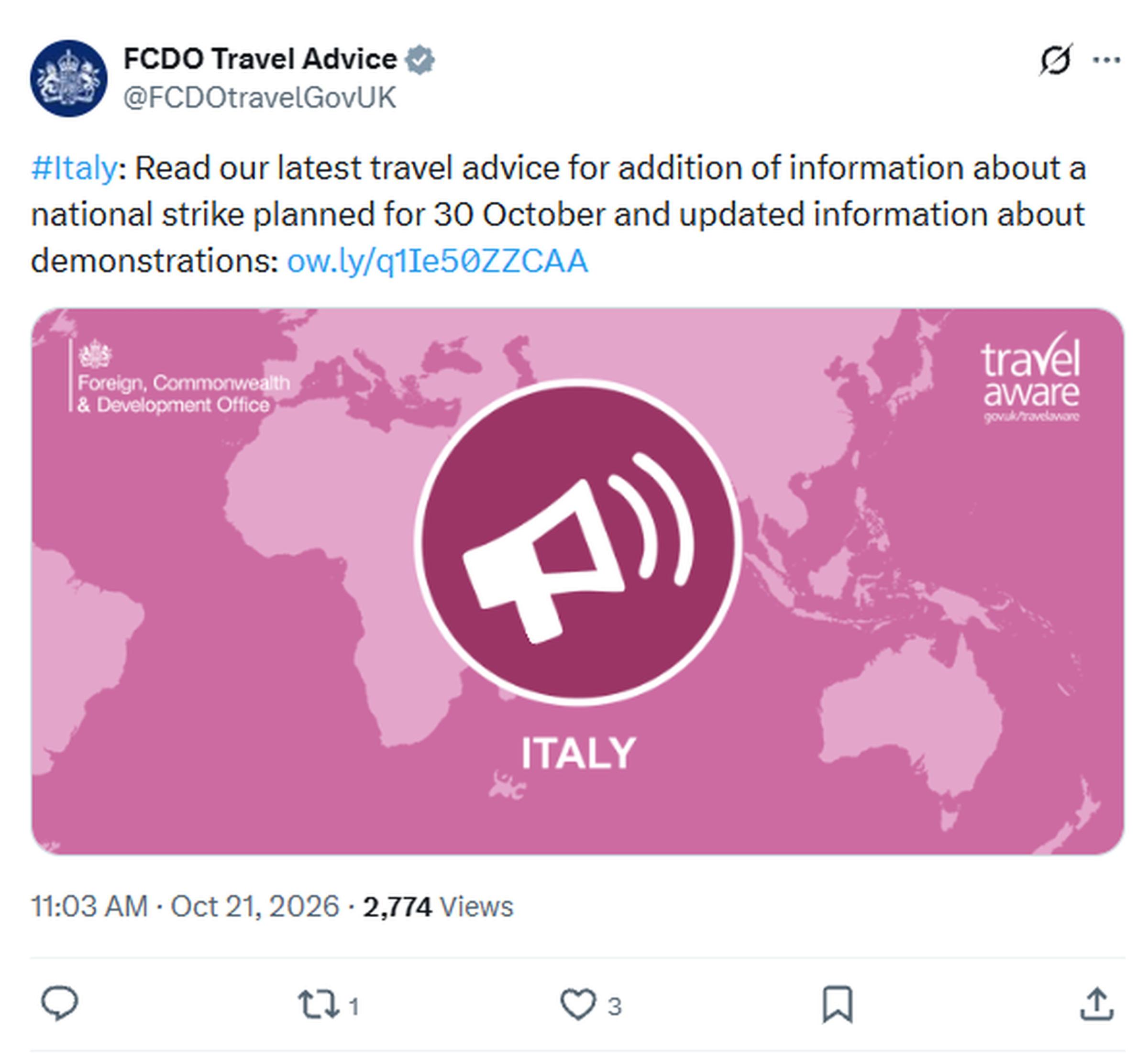 Government issues riot warning for Brits travelling to Italy
