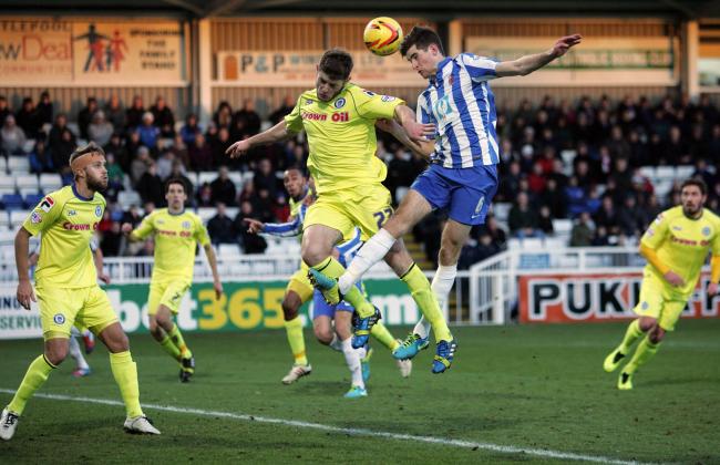 JACK IN THE BOX: Hartlepool’s Jack Baldwin, again watched by Sunderland at the weekend, gets a header past Rochdale’s Jack O'Connell
