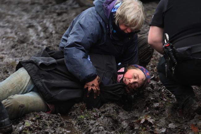 The dramatic moment the distraught owner of Rainbow Ark Animal Sanctuary collapsed as she was overcome with grief after the arrival of bailiffs