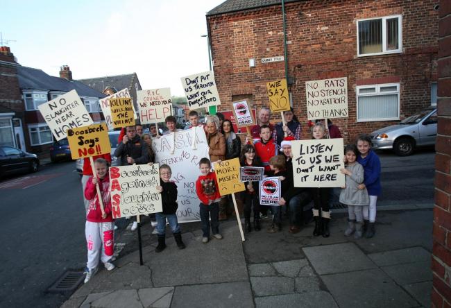 STENCH: Residents of Boosbeck protesting against a slaughterhouse on the high-street after it re-opened in 2012