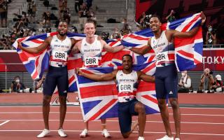 Richard Kilty celebrates as part of the Great Britain 4x100m relay team that finished second in the Olympic final in Tokyo
