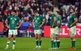 Ireland players appear dejected after the final whistle of the Guinness Six Nations match at the Stade de France, Paris. Picture: PA