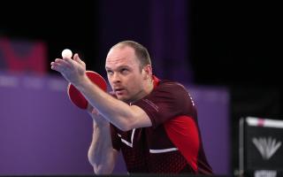 Paul Drinkhall prepares to serve in the bronze medal match at the Commonwealth Games