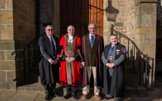 Newly installed Gentleman Freeman Brian Russell, third from left, with, from left, Garry Dunnill, of the Plumbers Company, Durham's Mayor, Cllr David Freeman, and John Booth, chairman of wardens of Durham Freemen   
  Picture: GEOFF KITSON