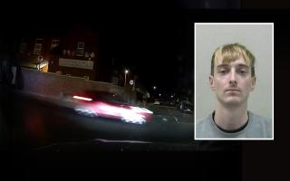 Liam O’Rourke, inset, was caught on police dashcam hurtling down a 30mph road at almost three times the speed limit, while drunk.