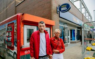 Stephen Owellen, who has Huntington's Disease, with partner Leanne outside of the William Hill shop on Athenaeum Street in Sunderland where he was refused service by staff claiming he was drunk or on drugs.