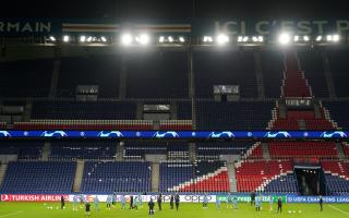 Newcastle United players during a training session at the Parc des Princes in Paris, France.