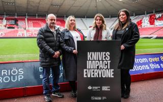 The families of murdered teens will take their anti-knife campaign to the Tyne-Wear derby on Saturday. Pictured (L-R): Connor Brown's parents Simon and Tanya Brown, Northumberland PCC Kim McGuinness, and Samantha Madgin's sister Carly Barrett.