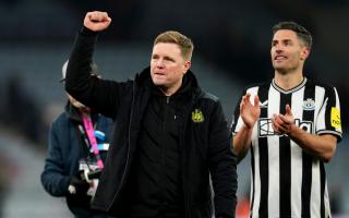 Eddie Howe celebrates with Fabian Schar after Newcastle United's 3-1 win at Aston Villa