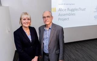 Joy Allen PCC and Clive Ruggles at the launch of the Alice Ruggle Trust Assemblies Project at Durham Police HQ.