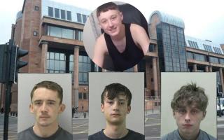 From bottom, left, Liam Thompson, Jack Hardy and Raymond Matthew, all convicted for affray arising from the violence which led to the death of their friend, Gordon Gault, top