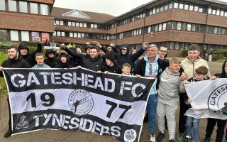 Gateshead FC fans protest outside the civic centre after their club was excluded from the National League play-offs.