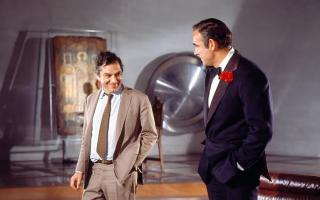 Sir Ken Adam joking on the set of Diamonds are Forever with Sean Connery.