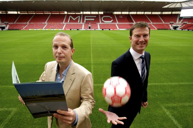 ENERGY SCHEME: Empowering Wind chief executive, Paul Millinder, left, and Middlesbrough FC chief executive Neil Bausor at the Riverside Stadium