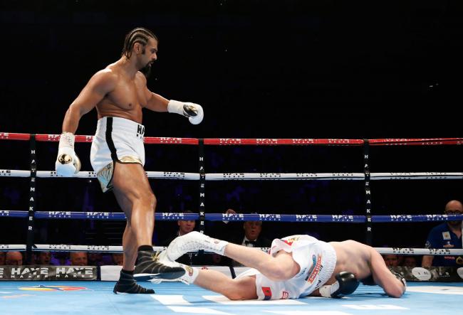 David Haye knocks down Arnold Gjergjaj in the first round of the Heavyweight contest at the O2 Arena, London. Picture: STEVE PASTON / PA WIRE