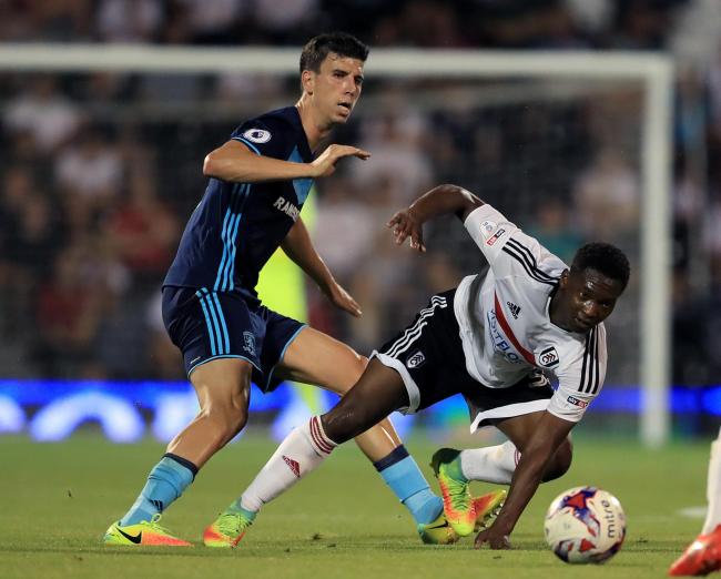 Return: Middlesbrough's Daniel Ayala battles for possession with Fulham's Tayo Edun during his first start of the season in the EFL Cup last month