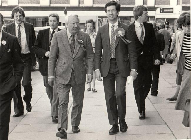 Michael Fallon and Ted Heath, the former Prime Minister, campaigning in Darlington in May 1983