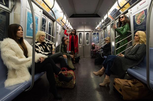 Undated film still handout from Ocean’s 8. Pictured: Sandra Bullock as Debbie Ocean, Cate Blanchett as Cate, Rihanna as Nine Ball, Mindy Kaling as Amita, Awkwafina as Constance, Helena Bonham-Carter as Rose Weil, Anne Hathaway as Daphne Kluger and